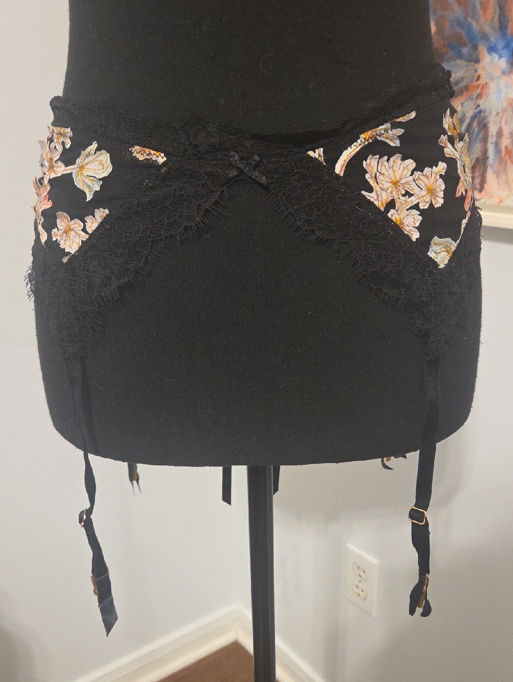 Victoria's Secret Black Lace Garter Belt with Floral Embroidery